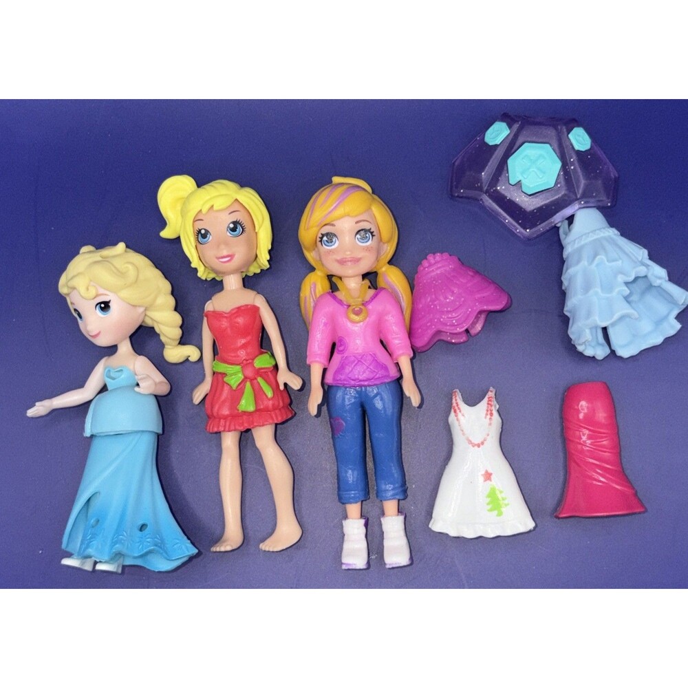 Lot Of 2 Polly Pocket 4" Dolls & 1 Elsa Snap ins Figures With Extra Clothes